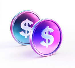 Obraz premium 3d glass holographic falling circle sale tag or label with dollar sign render. Rainbow crystal round shopping discount badge with pink blue gradient. Offer, price, bank interest rate. 3D illustration