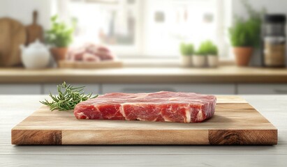 Raw steak on wooden cutting board in kitchen
