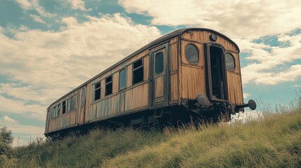 Obraz premium Weathered wooden train on grassy hill under cloudy skies: a nostalgic scene with beige and blue tones old train carriage a relic of the past against a scenic background 