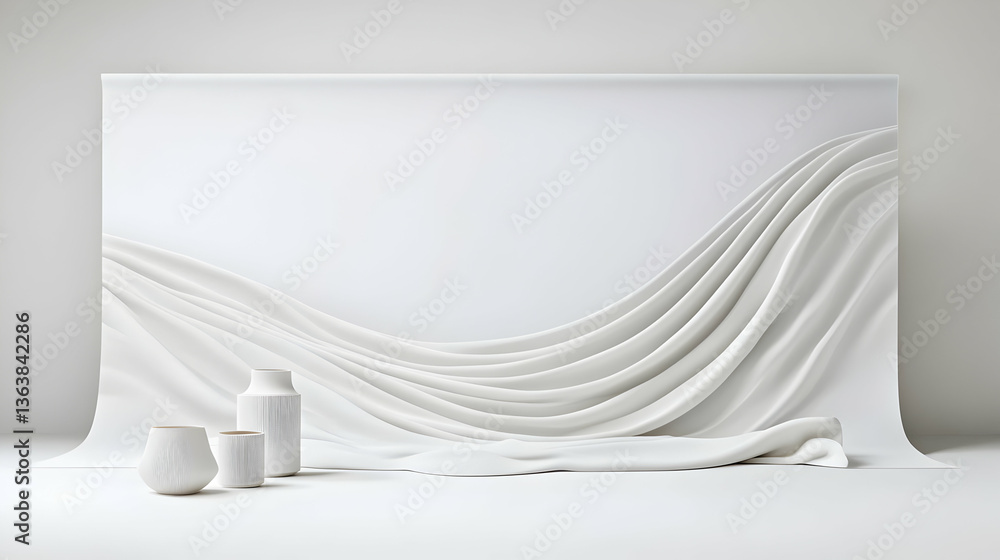 Poster white abstract background design with wave pattern and ceramic vases minimalist studio backdrop pres