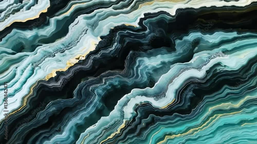 Poster an abstract close-up of layered agate stone with swirling patterns in shades of teal, black, and gol