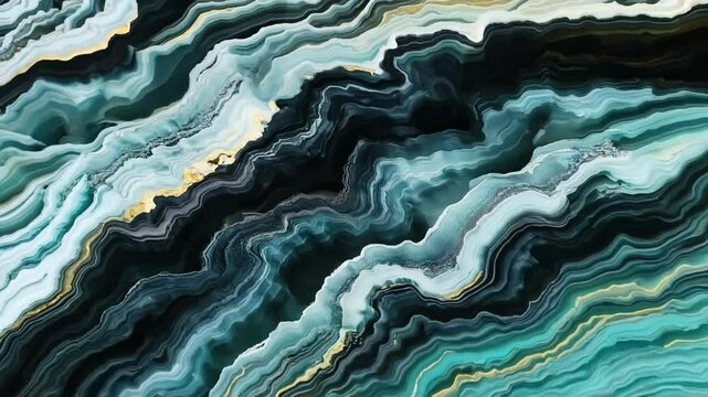 An abstract close-up of layered agate stone with swirling patterns in shades of teal, black, and gold. The smooth texture and vibrant colors create a mesmerizing visual effect. 