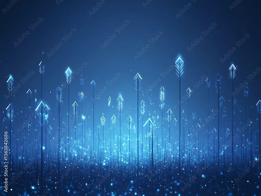 Poster digital illustration with a futuristic and abstract style, featuring a dark blue background filled w