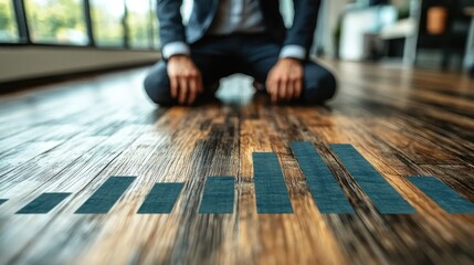 Businessman contemplating downward trend graph on wooden floor