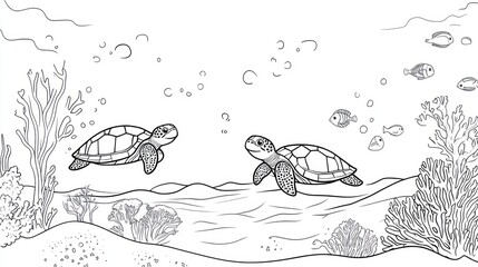 Two sea turtles swim in coral reef; underwater scene; coloring page