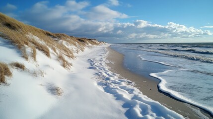 Winter Beach Landscape with Snow and Footprints