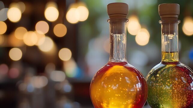 Vintage elixir bottles filled with luminous liquid against festive bokeh lights