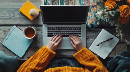 Cozy workspace with laptop, tea, and notebook