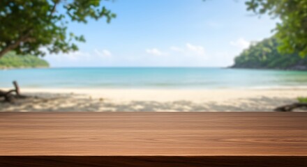 empty wooden table top with blurred blue sea and sky background layout for product display