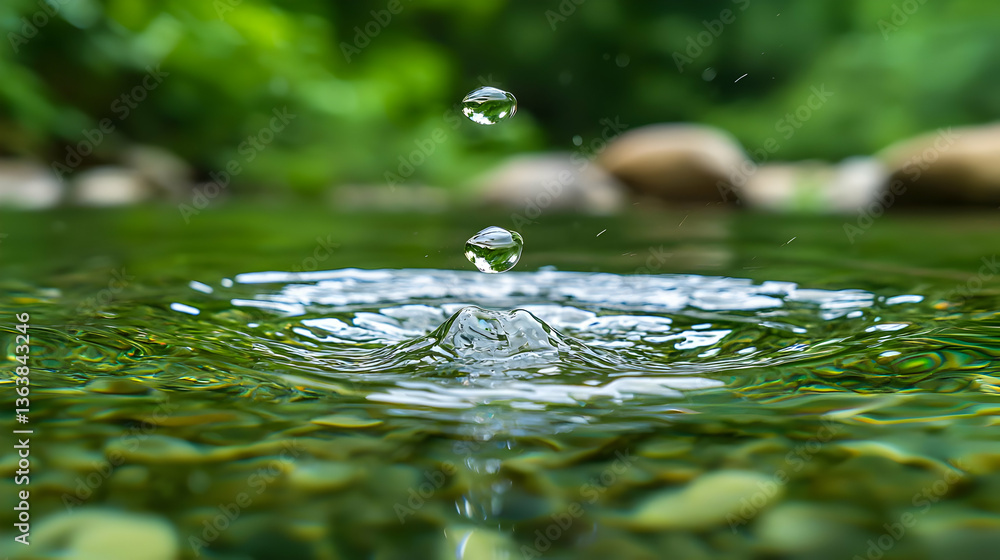 Poster water droplets creating splash and ripples on clear surface with green background