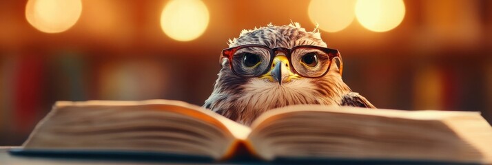 Hawk studies literature in a bright library while wearing reading glasses