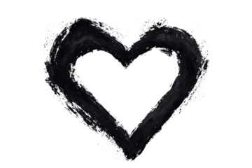 Abstract heart with rough black brushstrokes against transparent background, cut out transparent