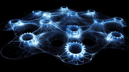 Abstract art of interconnected gears forming a network, symbolizing partnership and collaboration, glowing lines and nodes, futuristic theme, clean design