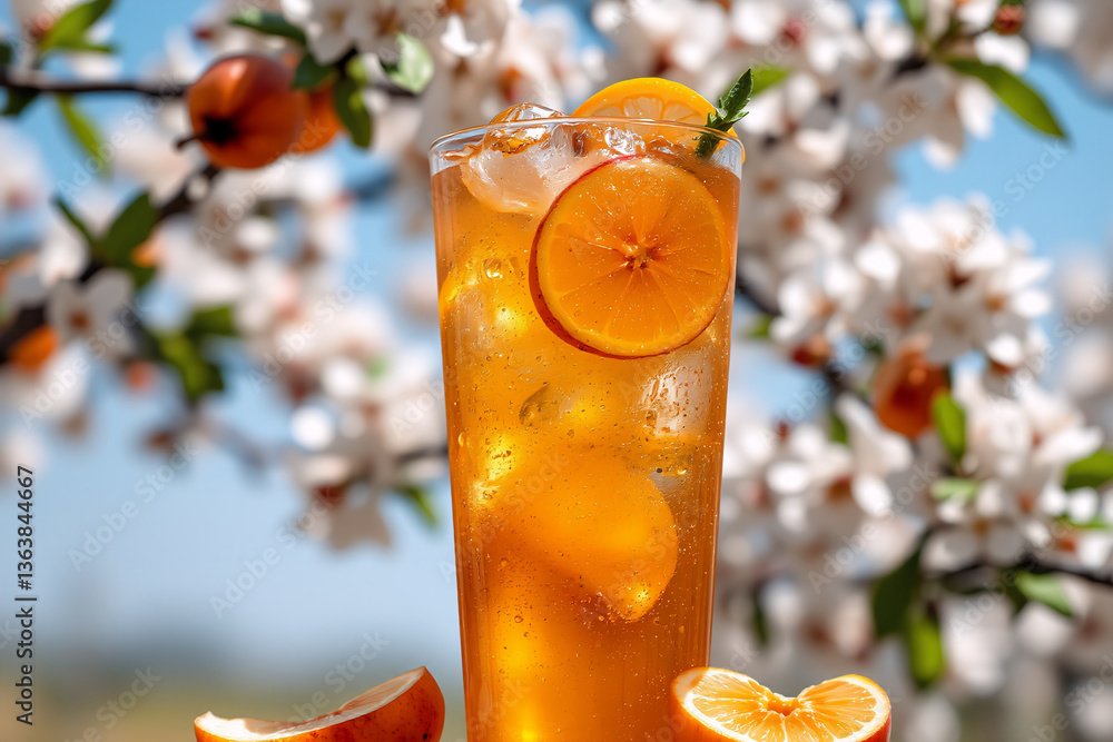 Poster a refreshing iced beverage with orange slices is garnished with a straw and rests in front of a blos