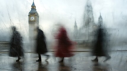 Busy Pedestrians Walking in Rain Near Big Ben and Houses of Parliament With Blur Effect