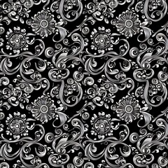 Elegant silver floral damask pattern on black background.
