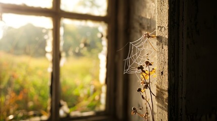 Macro view of a perfectly spun spider web, clinging to a moldy window in a deserted house, dark shadows, dramatic lighting, high detail