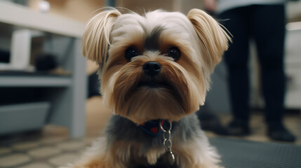 A small dog with a blue collar is sitting on a mat