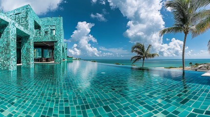 Fototapeta premium Turquoise Dream: Hotel Pool Panorama with Palms and White Sky 