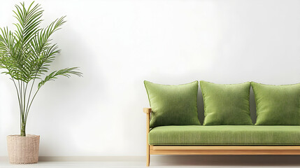 Fototapeta premium Green Sofa With Matching Cushions Beside A Potted Palm In White Room Interior With Minimalist Design