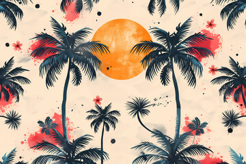 Aloha Surf Design with Tropical Paradise Pattern Palm Trees and Sunshine