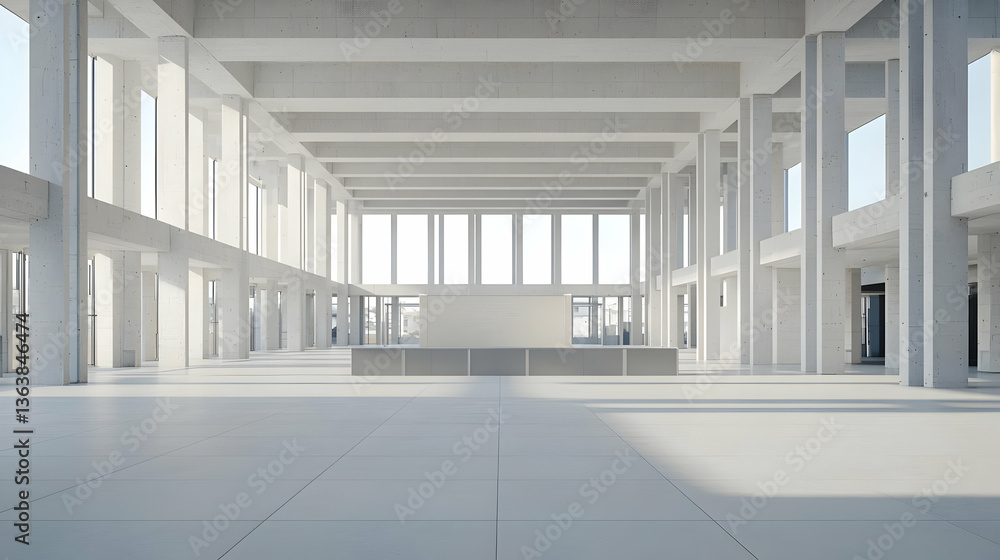 Aufkleber empty white modern architectural interior with concrete columns and large windows daylight illuminat