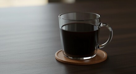 Glass mug of coffee on wooden table Minimalist still life photograph