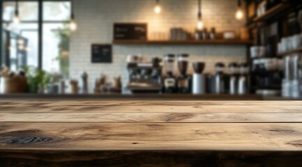 Empty wooden bar top in a cafe