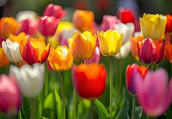 Colorful tulips in garden, vibrant blooms in sunlight