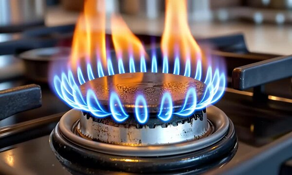 Close-up of blue and orange flames on a gas stove burner