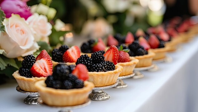 Elegant dessert display of fruit tarts, garden party setting