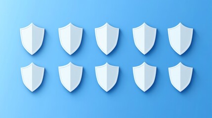 Ten white shields on blue background; security concept (2)