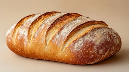 Freshly baked bread loaf on a beige background showcasing its golden crust and soft interior while highlighting traditional baking techniques
