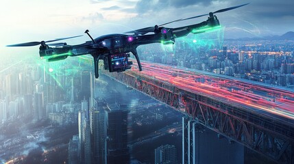 Fototapeta premium Drone above cityscape, capturing aerial data. Modern drone technology, urban infrastructure, and data collection