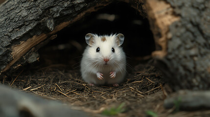 A white hamster is standing in a hole in a log
