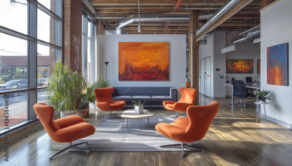 Poster collaborative office environment fosters discussion among coworkers about project updates in a moder