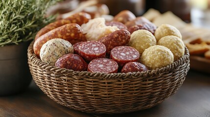 Assorted sausages and cured meats in a basket