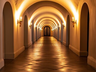 Obraz premium Candlelit hallway with arched ceiling and warm tungsten lighting with copy space below