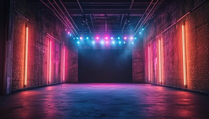 Dramatic industrial backdrop with neon lights creating a vibrant atmosphere suitable for performances or events