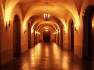 Candlelit hallway with arched ceiling and warm tungsten lighting with copy space below