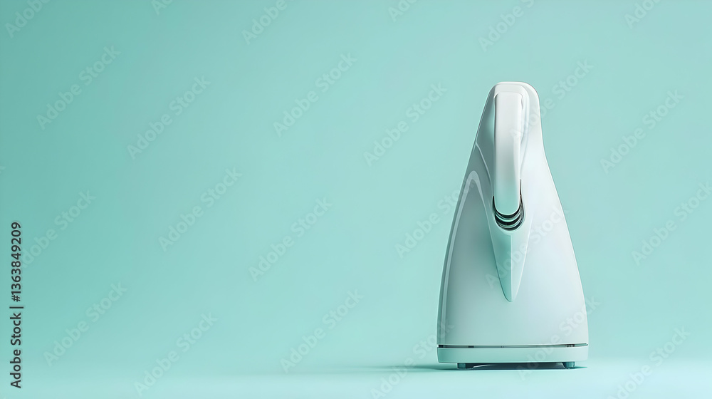 Poster white electric kettle centered on turquoise background in studio shot displaying modern design minim