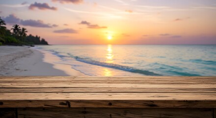 empty wooden table top with blurred blue sea sunset sky background layout for product display
