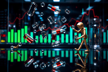 Wooden mannequin interacts with floating capsules against stock market graphs backdrop. Conceptual image reflecting technology, finance, and market volatility.