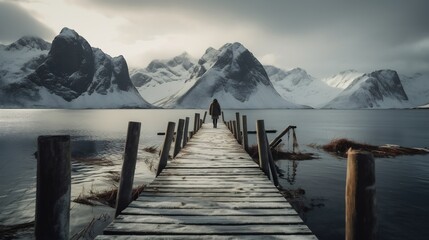 Leading line composition man near shoreline wooden dock extending into distance snow covered peak rising background desaturated winter tone cinematic Arctic photography breathtaking atmospheric