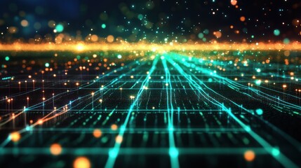 Fototapeta premium Futuristic digital highway. Network of glowing lines and particles, forming a pathway through a digital landscape. Dynamic, abstract, and vibrant