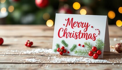 A festive Christmas card with decorations, set against a blurred holiday background.