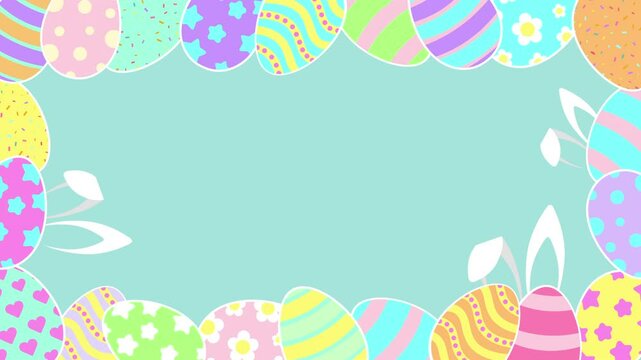 Happy Easter Animated Greeting Card Frame Template. Bunny ears, decorated and painted easter eggs. Flat style design in creative pastel colors. Easter banner or border template on Blue Background