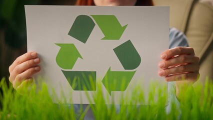 Business woman businesswoman girl eco-friendly sorting paper ecology hold symbol recycling saving...