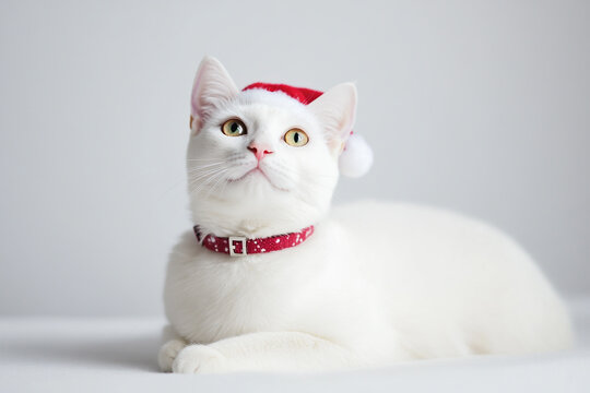 A white cat wearing a Santa hat isolated on a white background