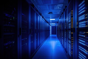 Fototapeta premium Cloud computing server room in high-tech environment with cool blue lighting and negative space on left